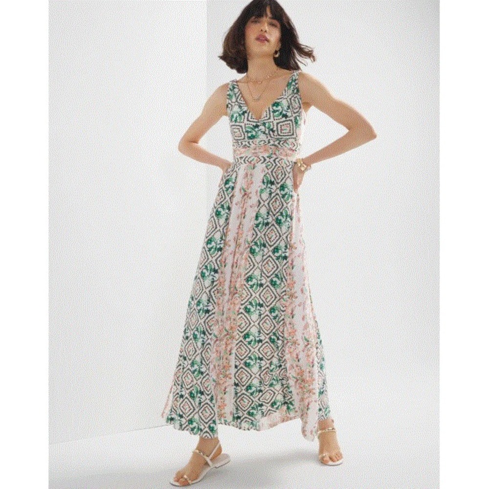 White House Black Market WHBM dress womens XS green white midi 570369725 stretch